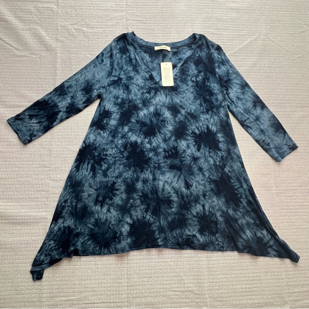A La Tzarina Navy Blue Tie Dye Flowy Boho 3/4 Sleeve Tunic Top - Size S Hipster